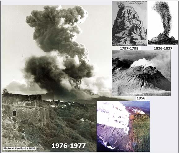 Photos des diverses éruptions phréatiques historiques de la soufrière